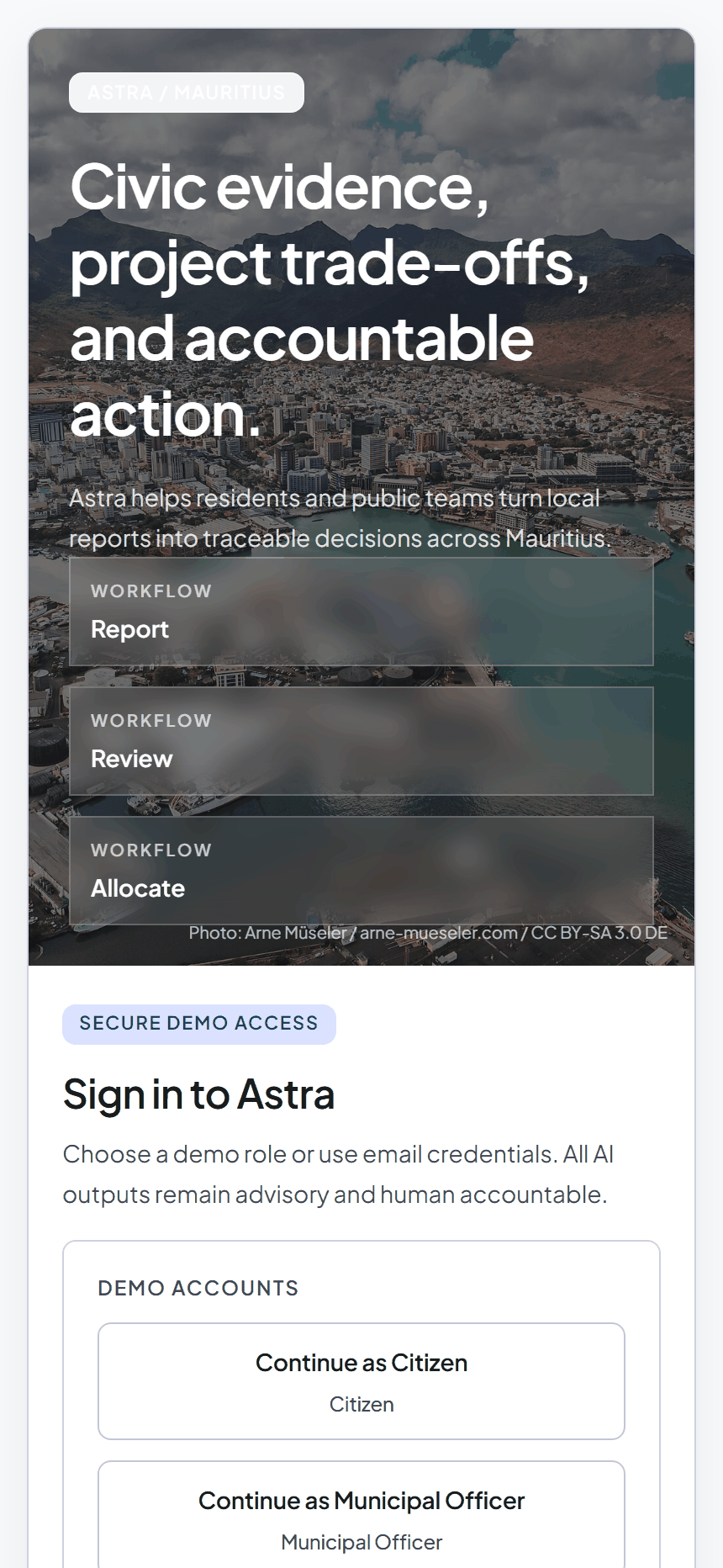 Astra phone screen introducing civic evidence and accountable action, with a secure demo sign-in offering citizen and municipal officer roles.